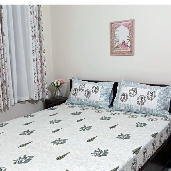 Moon Light 300 TC 100% Cotton Printed King Size Bedsheet With 2 Pillow Covers, White Mint