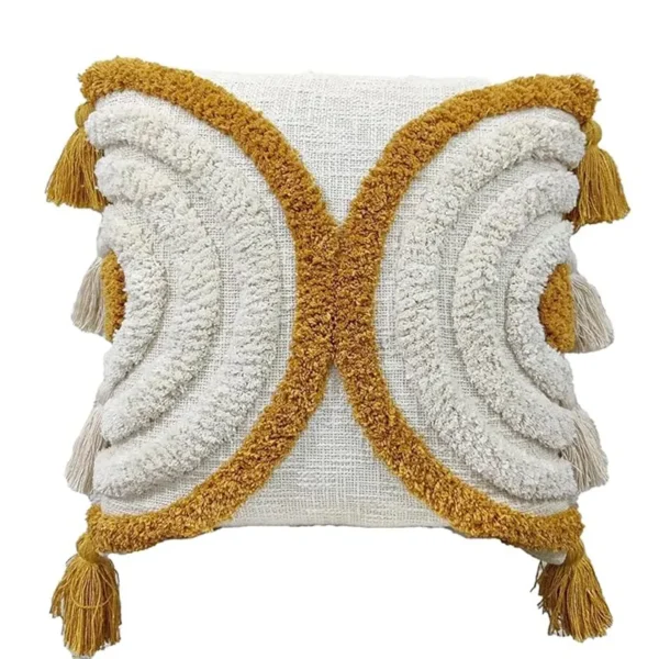 Tufted Cozy Bohemian Cotton Canvas Cushion Cover. Home Decor. 16″X 16″ 1 Piece. WhiteYellow Butterfly.