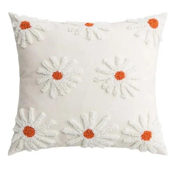 Tufted Cherry Blossom Cozy Bohemian Cotton Canvas Cushion Cover. 16″X 16″ 1 Piece. White.