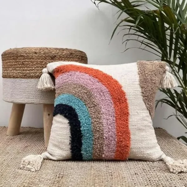 Tufted Cozy Bohemian Cotton Canvas Cushion Cover. Home Decor. 16″X 16″ 1 Piece.Multicolour.