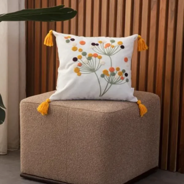 Tufted Cozy Bohemian Cotton Canvas Cushion Cover. Home Decor. 16″X 16″ 1 Piece YellowWhite.