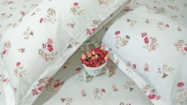 Cherry Blossom 210 TC 100% Cotton Printed Queen Size Bedsheet With 2 Pillow Covers,White Pink