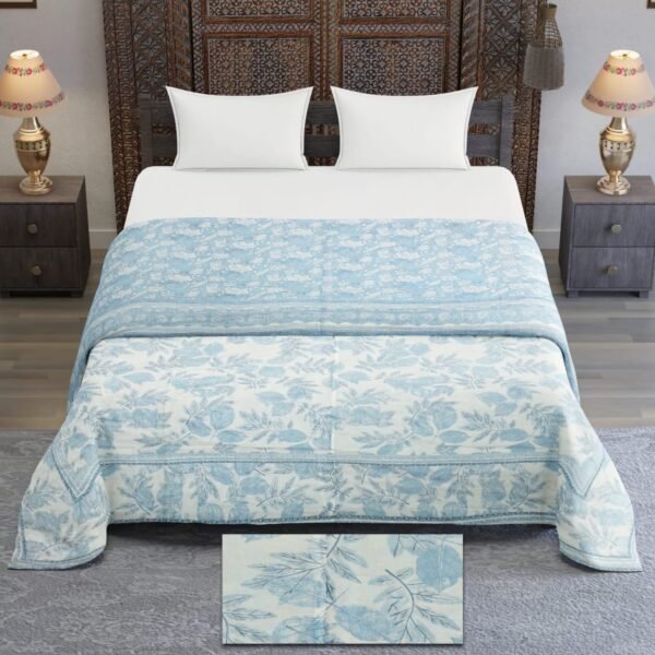 100 % Premium Malmal Cotton,3 Layers Reversible Double Size Dohar / AC Blanket for Bedroom - Iris Blue