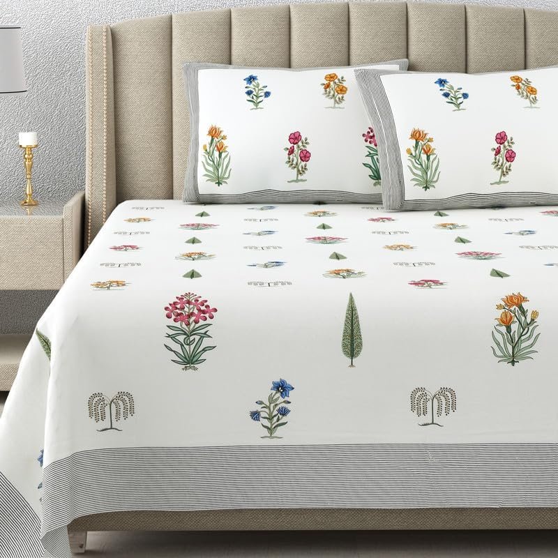 Hand Block Ethnic 220 TC 100% Cotton Printed Queen Size Bedsheet With 2 Pillow Covers,Tulip White.