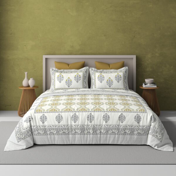 Yellow orchid-300 TC premium percale weave. 100% cotton, block print, super king size bedsheet set, Yellow.