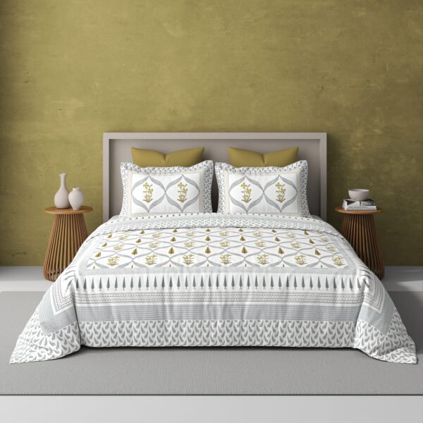 Dazzling bouquet-300 TC premium percale weave.100% cotton, block print, super king size bedsheet set. Olive.