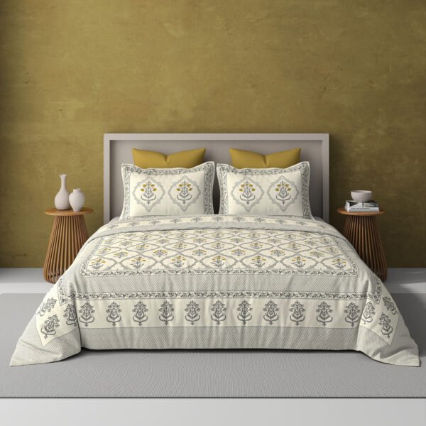 Flawlessly fresh-300 TC premium percale weave.100% cotton, block print, super king size bedsheet set. Yellow.