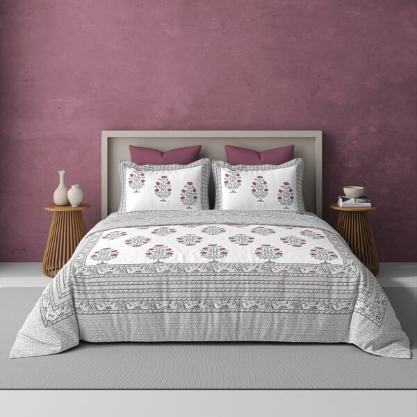 Blooming glory-300 TC premium percale weave.100% cotton, block print, super king size bedsheet set. Grape wine.
