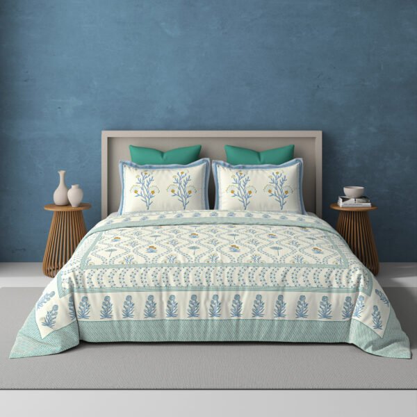 Daisy floret-300 TC premium percale weave.100% cotton, block print, super king size bedsheet set. Blue.