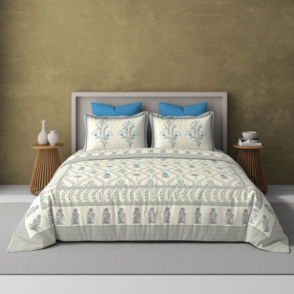 Daisy floret-300 TC premium percale weave.100% cotton, block print, super king size bedsheet set. Grey.