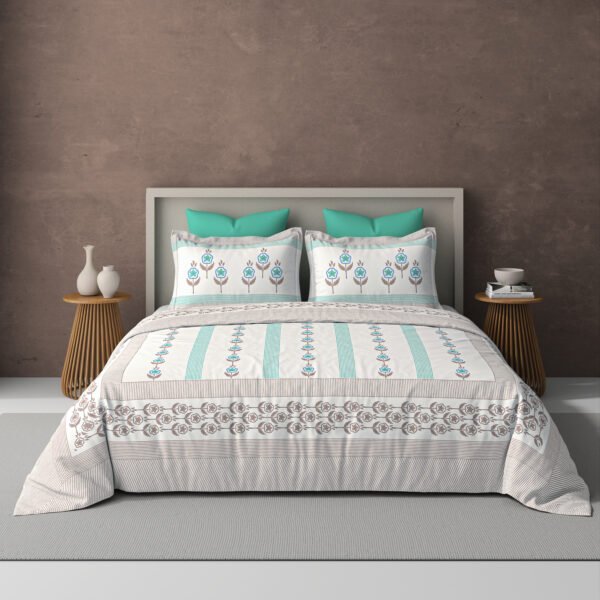 Mint blossom-300 TC premium percale weave.100% cotton, block print, super king size bedsheet set. Mint.