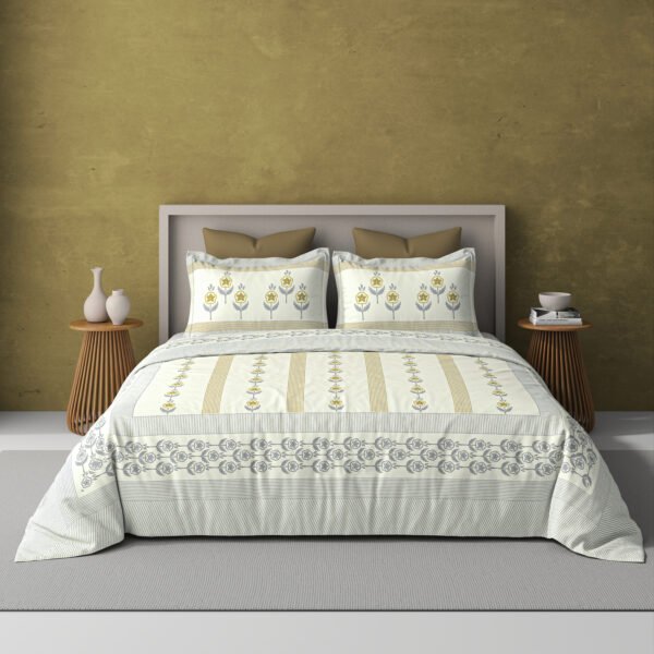 Mint blossom-300 TC premium percale weave.100% cotton, block print, super king size bedsheet set. Yellow.