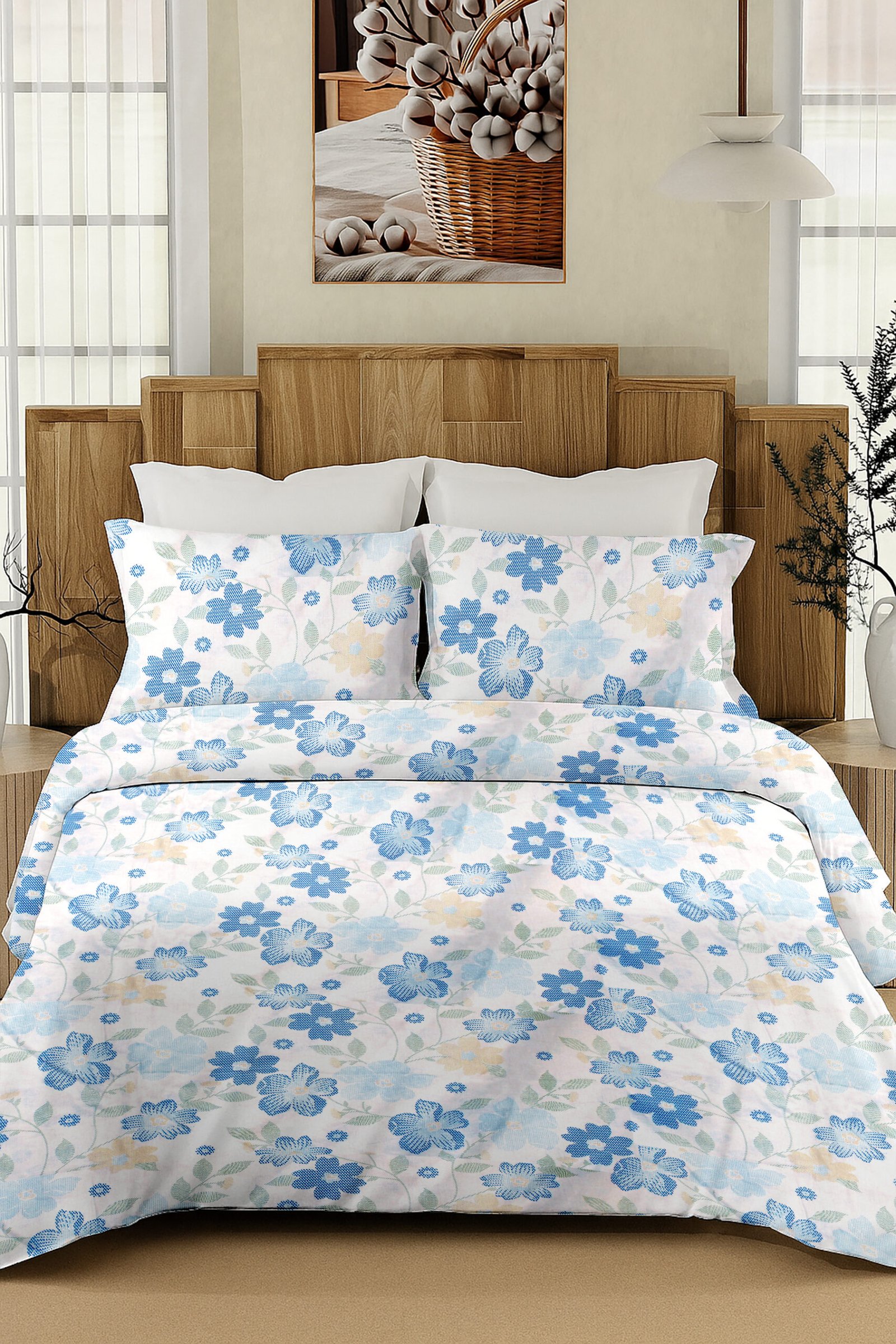 Daisy floret-200 TC premium percale weave.100% cotton, printed, super king size bedsheet set. Azure