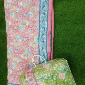 Pure Cotton Double Bed 90x100 Inch.Soft Jaipuri AC Quilt/Razai/Comforter Floral Print Pink & Green.