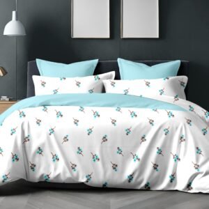Zinnia 250 TC 100% Cotton Printed Queen Size Bedsheet With 2 Pillow Covers,Sky Blue.