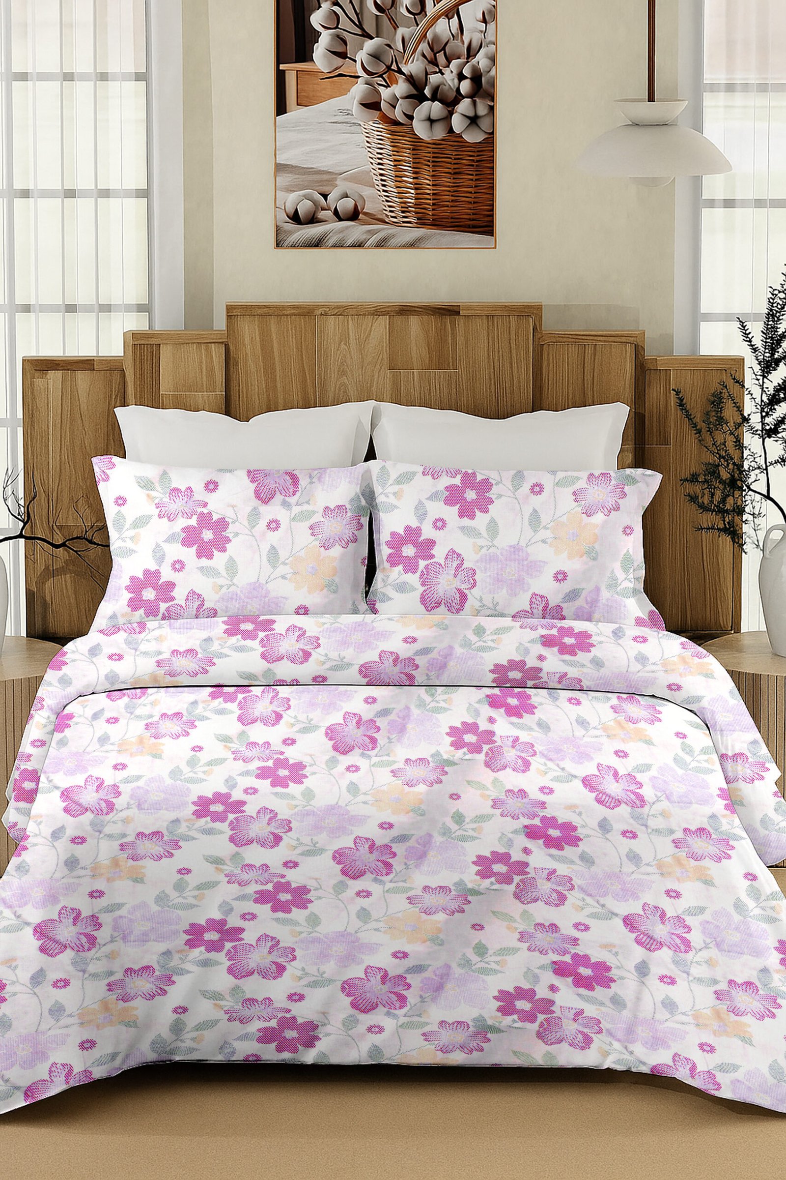 Daisy Floret 100% Cotton King Size Bedsheet, 200 TC, Rose Pink.